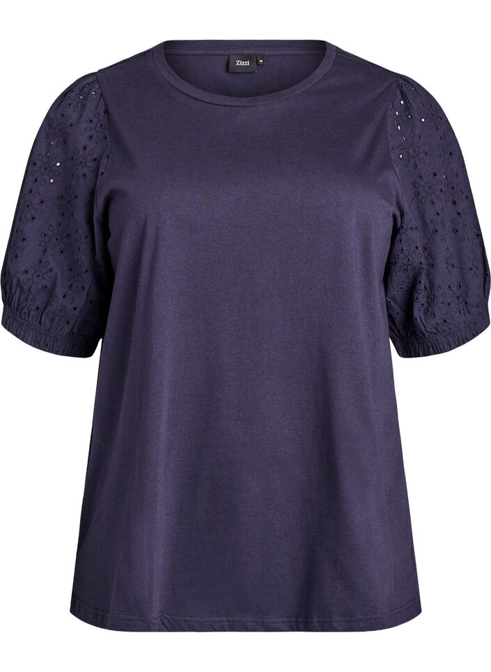 T-shirt with broderie anglaise sleeves, Blue, Packshot image number 0