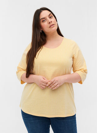 Striped Blouse with 3/4 Sleeves, Mimosa, Model image number 0