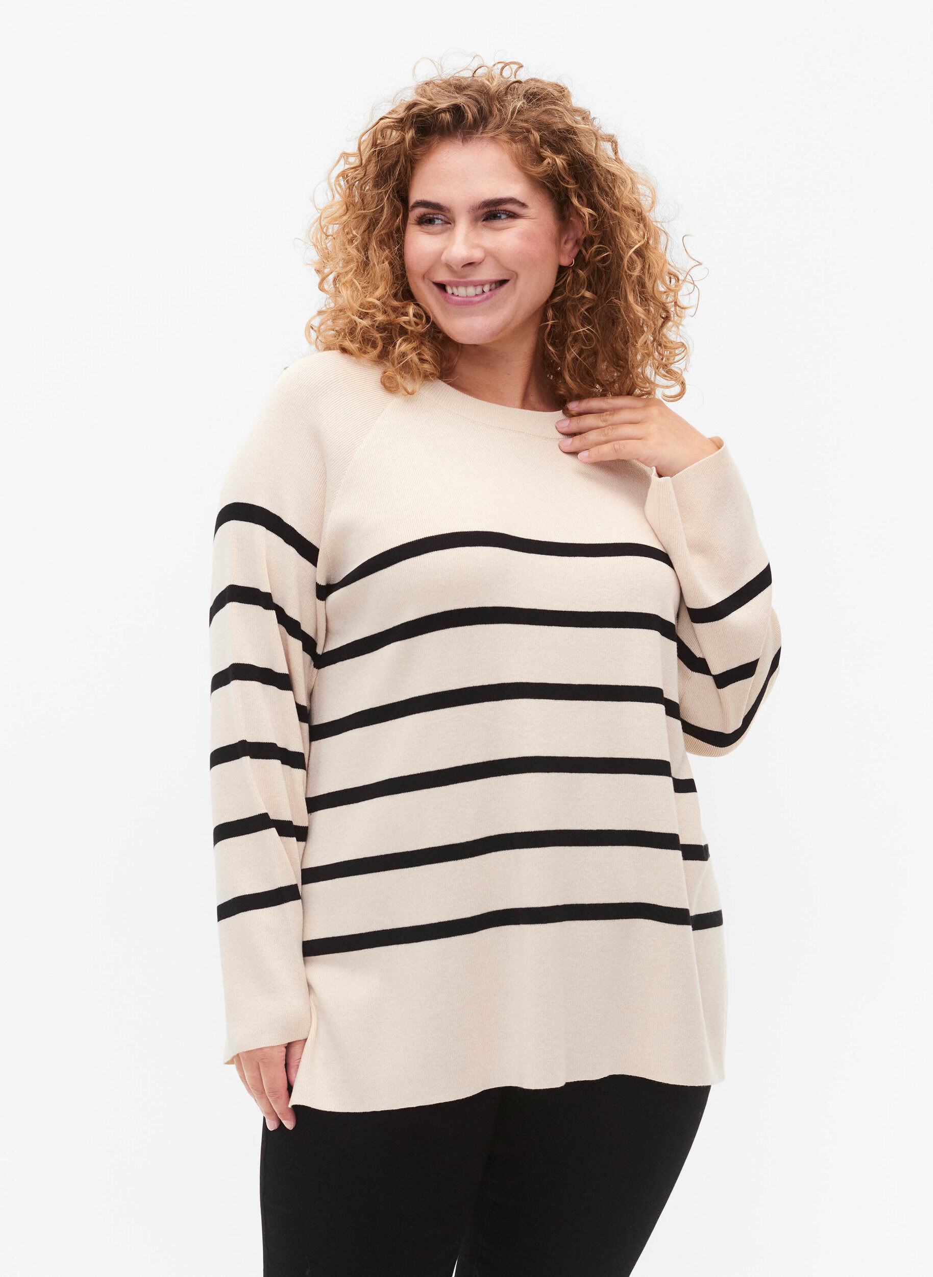 Zizzifashion Striped Viscose Sweater, Sandshell/Black S., Model image number 0