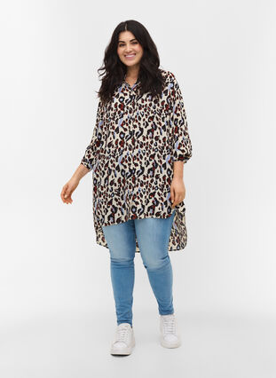 Printed viscose tunic with buttons, White Leo Print, Model image number 2