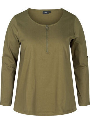 Cotton blouse with a zip detail, Ivy Green, Packshot image number 0