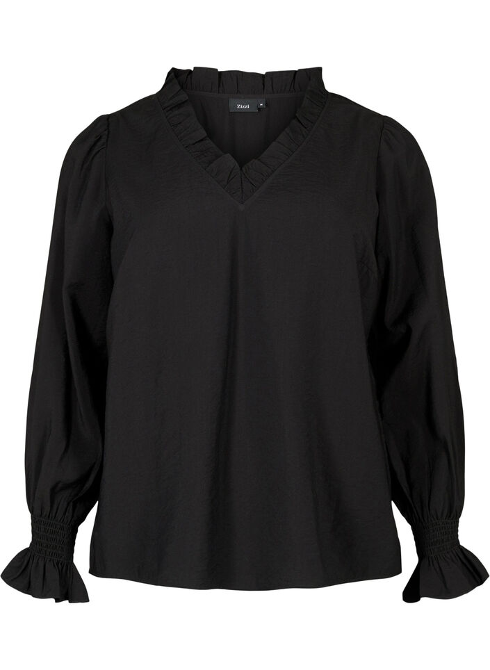 Long-sleeved viscose blouse with ruffle details, Black, Packshot image number 0