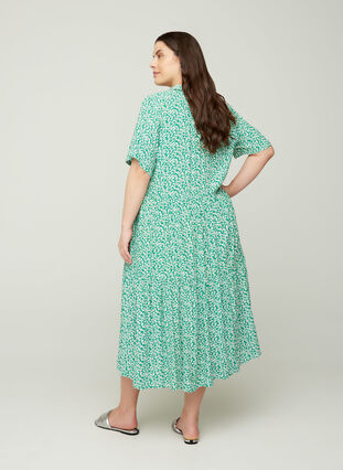 Short-sleeve viscose midi dress, Green W. Flower, Model image number 1