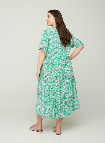 Short-sleeve viscose midi dress, Green W. Flower, Model image number 1