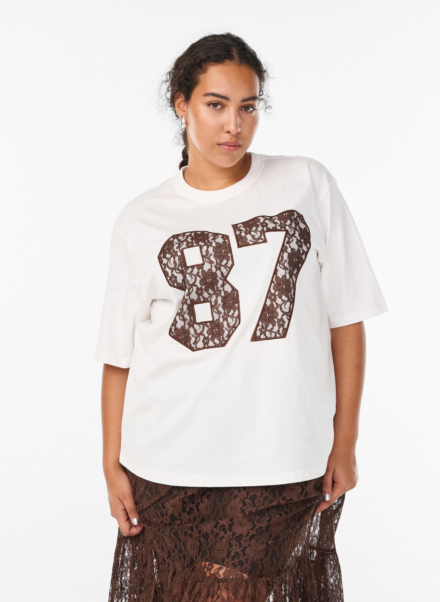 Zizzifashion Cotton t-shirt with lace detail on the front, White, Model image number 0
