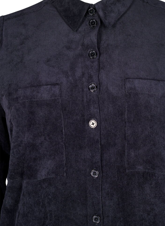 Long corduroy shirt dress with buttons, Black, Packshot image number 2