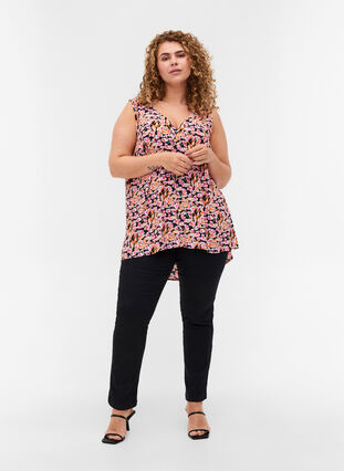Printed viscose top with buttons, Pink Flower on Black, Model image number 2