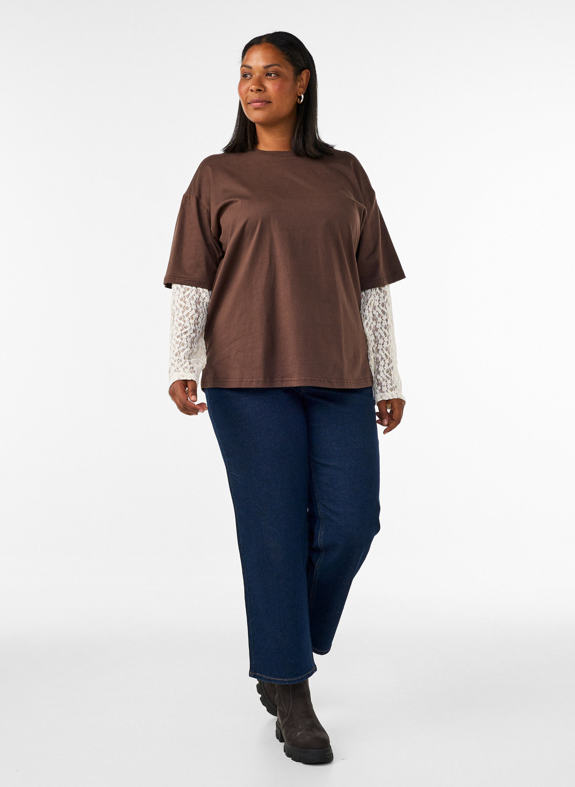 ZizzifashionLoose t-shirt with long lace sleeves, Brown, Model image number 1