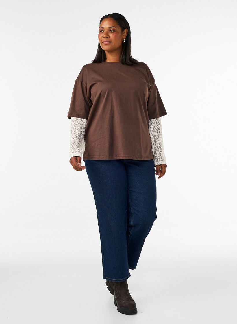 Loose t-shirt with long lace sleeves, Brown, Model image number 1