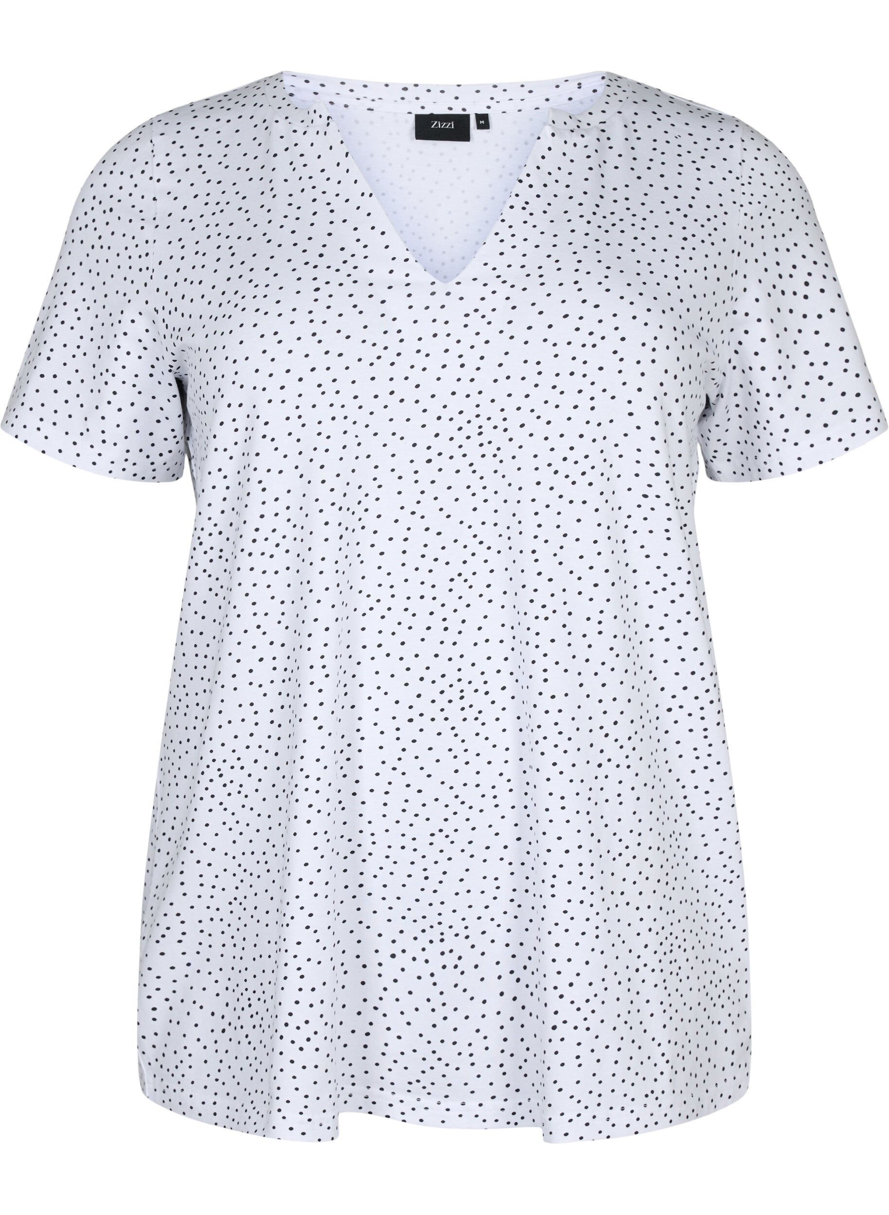 Zizzifashion Cotton t-shirt with dots and v-neck, B.White/Black Dot, Packshot image number 0