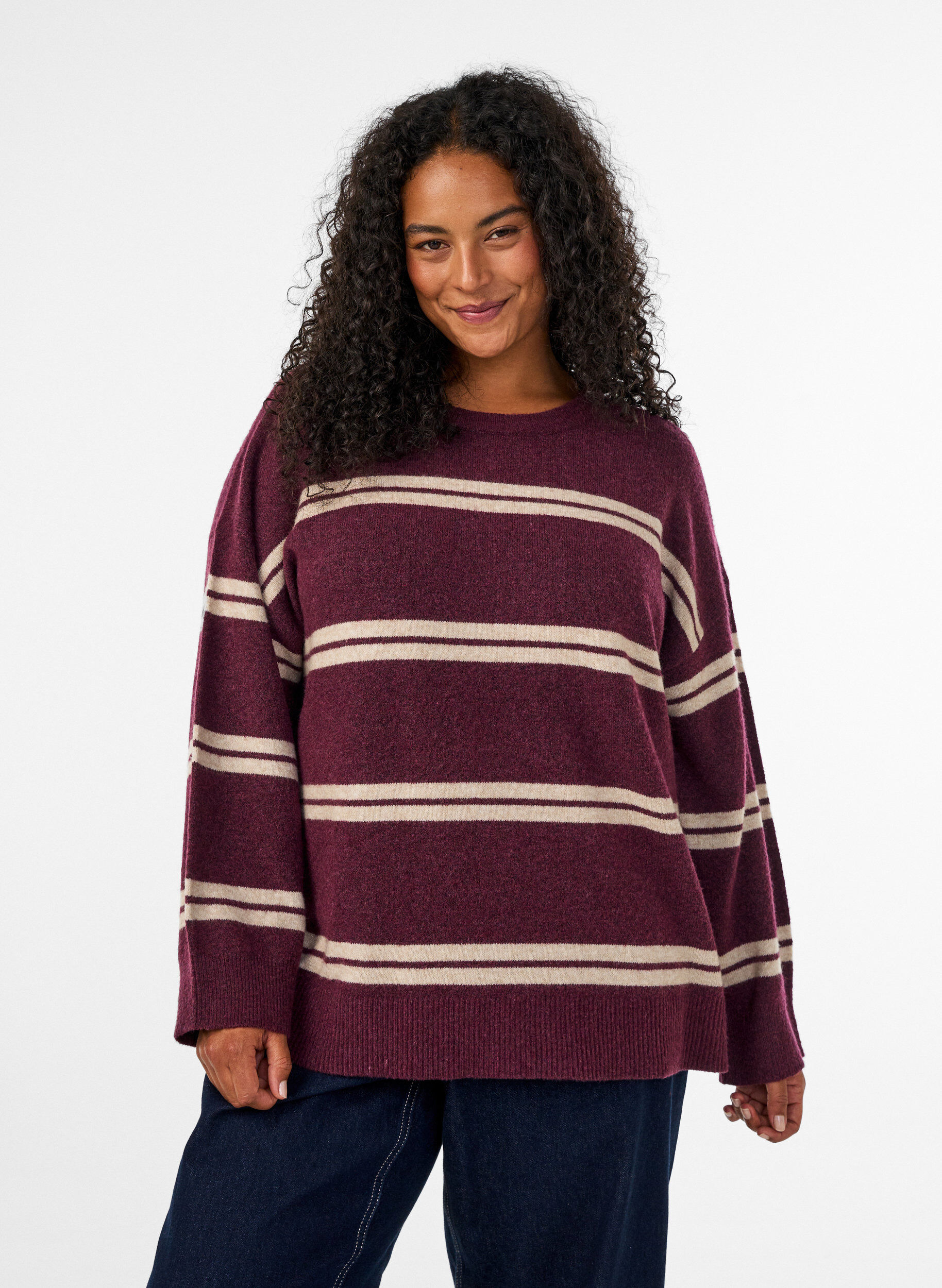 Knitted blouse with double contrast stripes, Red, Model
