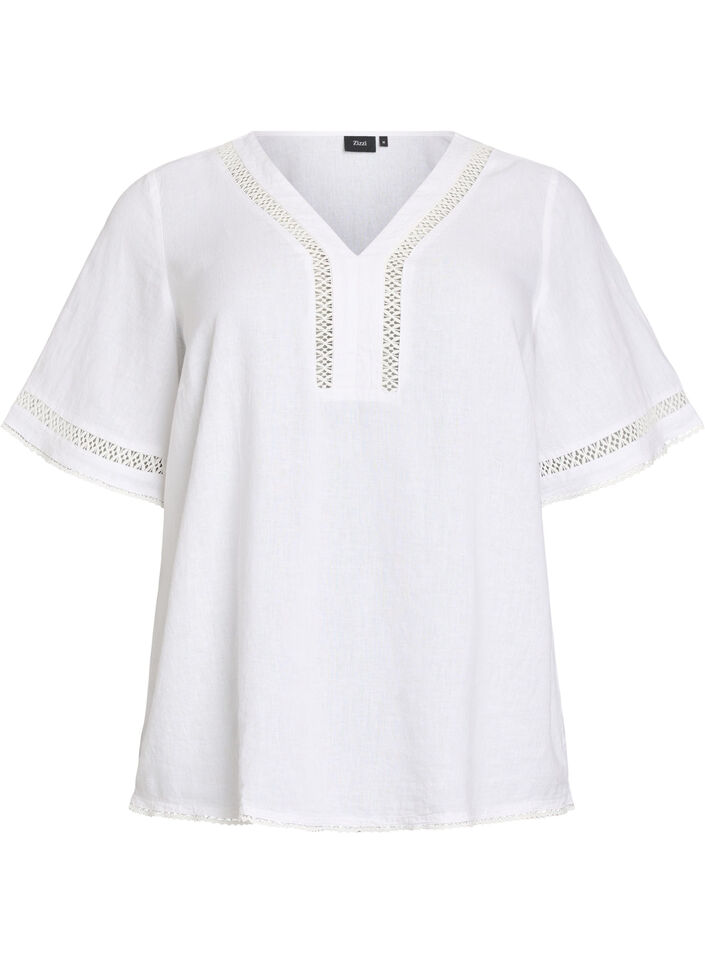 Blouse in linen and viscose with crochet details, White, Packshot image number 0