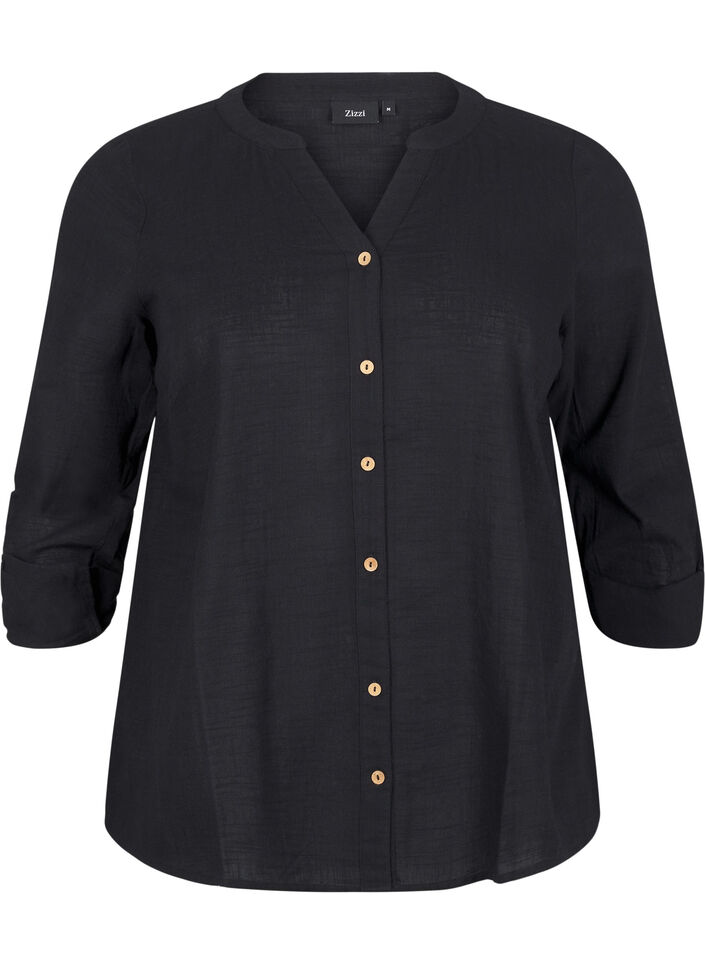 Cotton shirt blouse with a v-neck, Black, Packshot image number 0