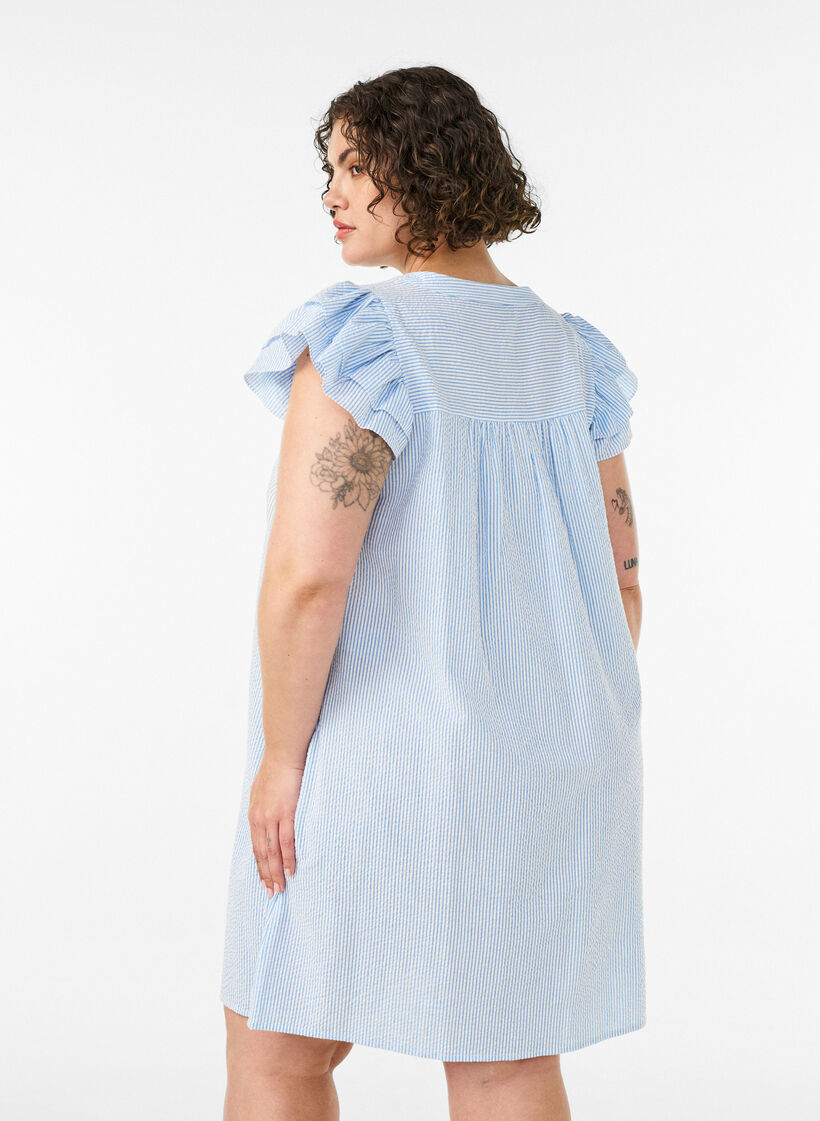Striped cotton dress with ruffles and an A-line fit, Light Blue, Model image number 2