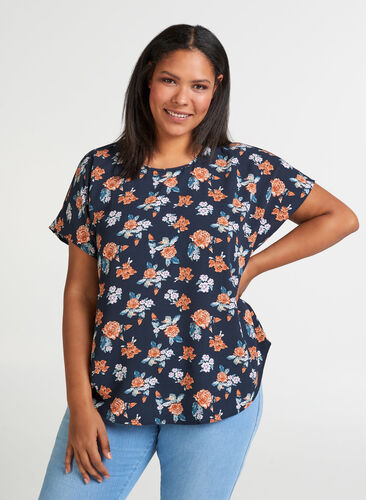 Blouse with short sleeves, Blue w. flowers , Model image number 0