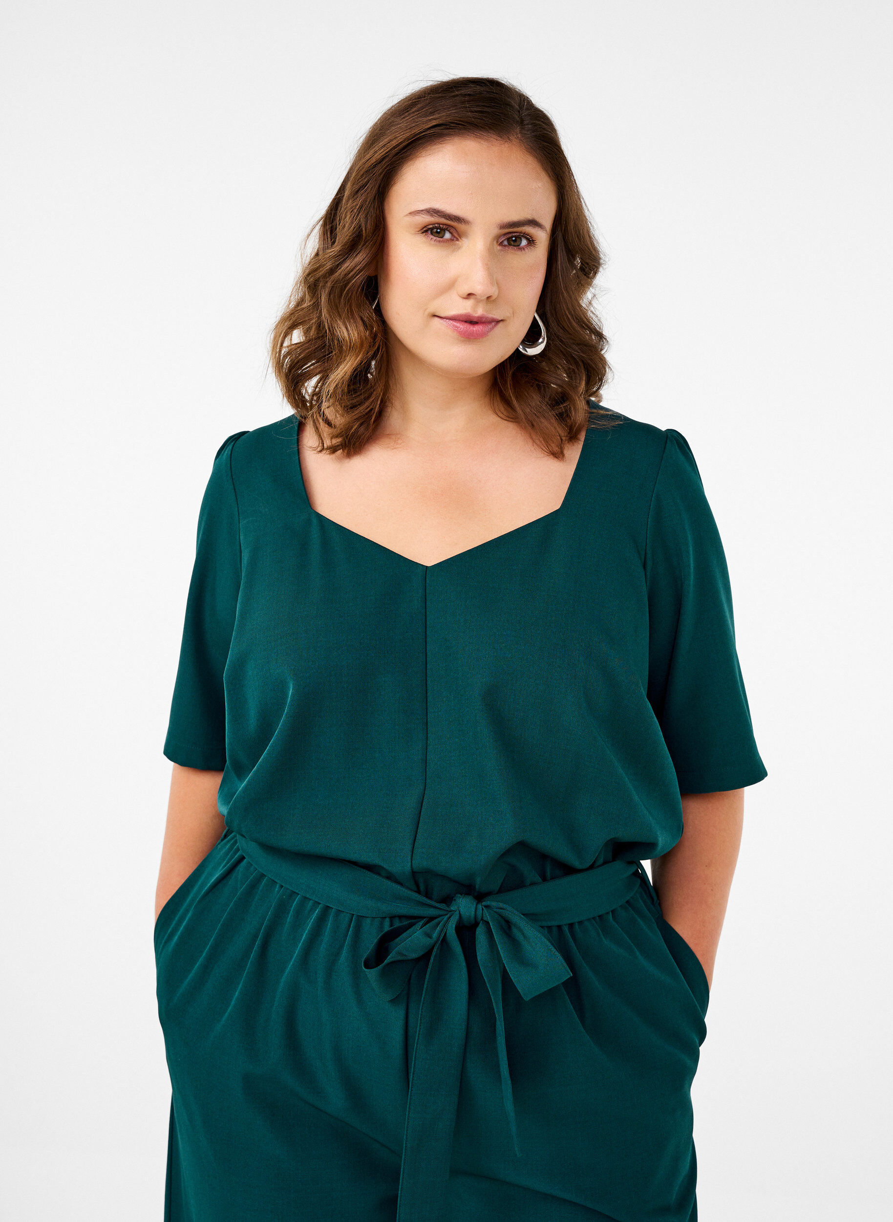 Zizzifashion Jumpsuit with belt and short sleeves, Sea Moss Melange, Model image number 2