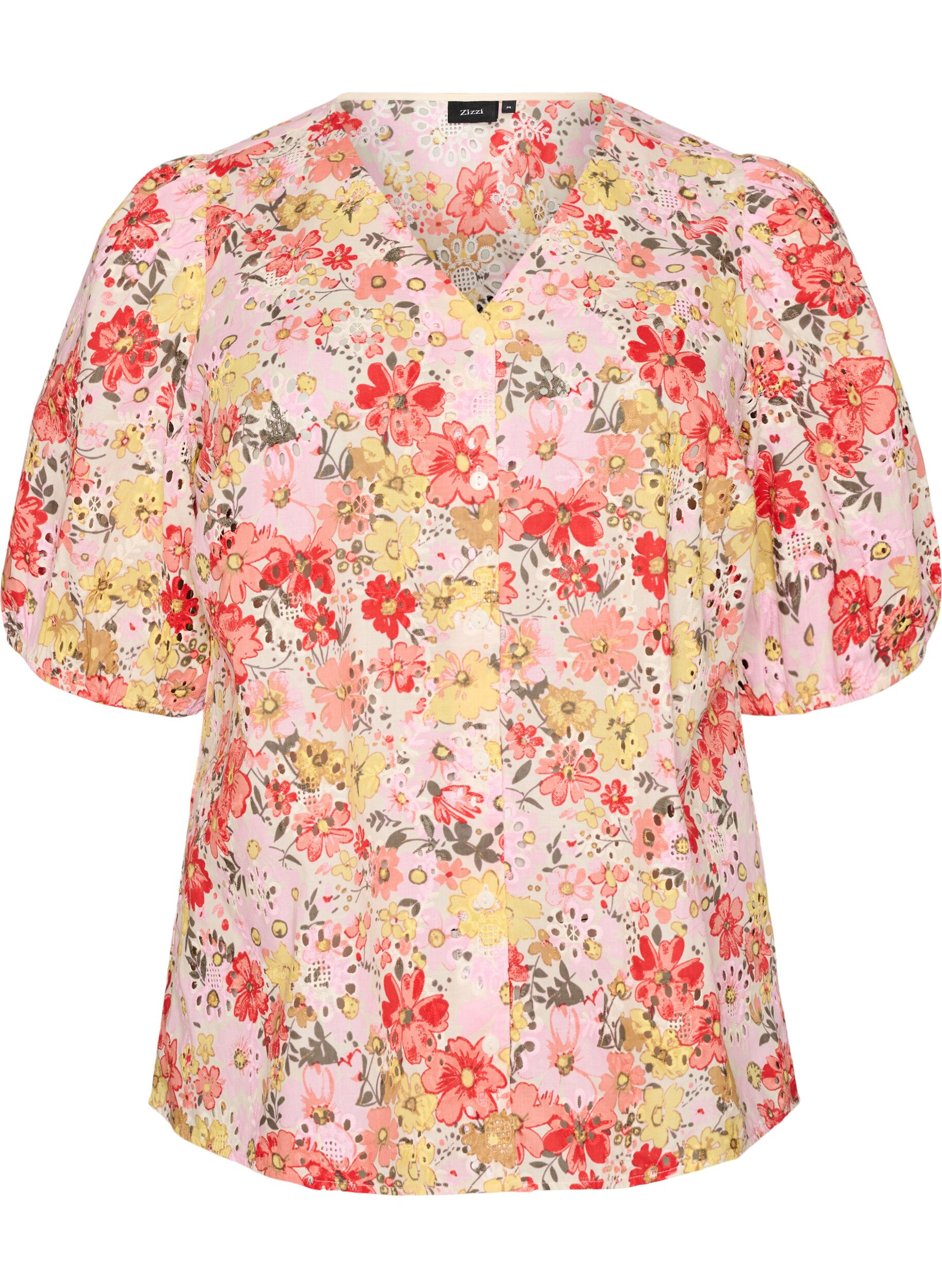 Zizzifashion Floral blouse with eyelet embroidery and V-neck, Rose, Packshot image number 0