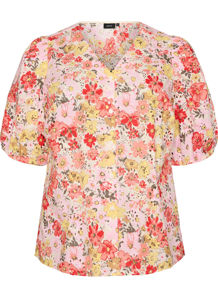 Floral blouse with eyelet embroidery and V-neck, Rose, Packshot image number 0