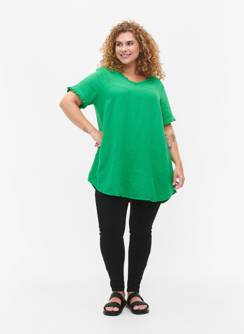 Short-sleeved cotton tunic with ruffles, Bright Green, Model image number 2