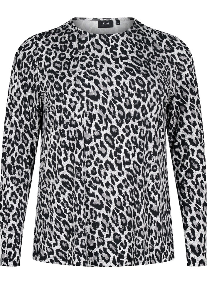 Long-sleeved blouse with leopard print, Dark Grey, Packshot image number 0