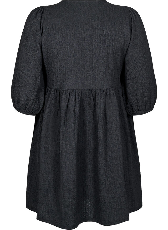 Short dress with texture and 3/4 sleeves, Black, Packshot image number 1