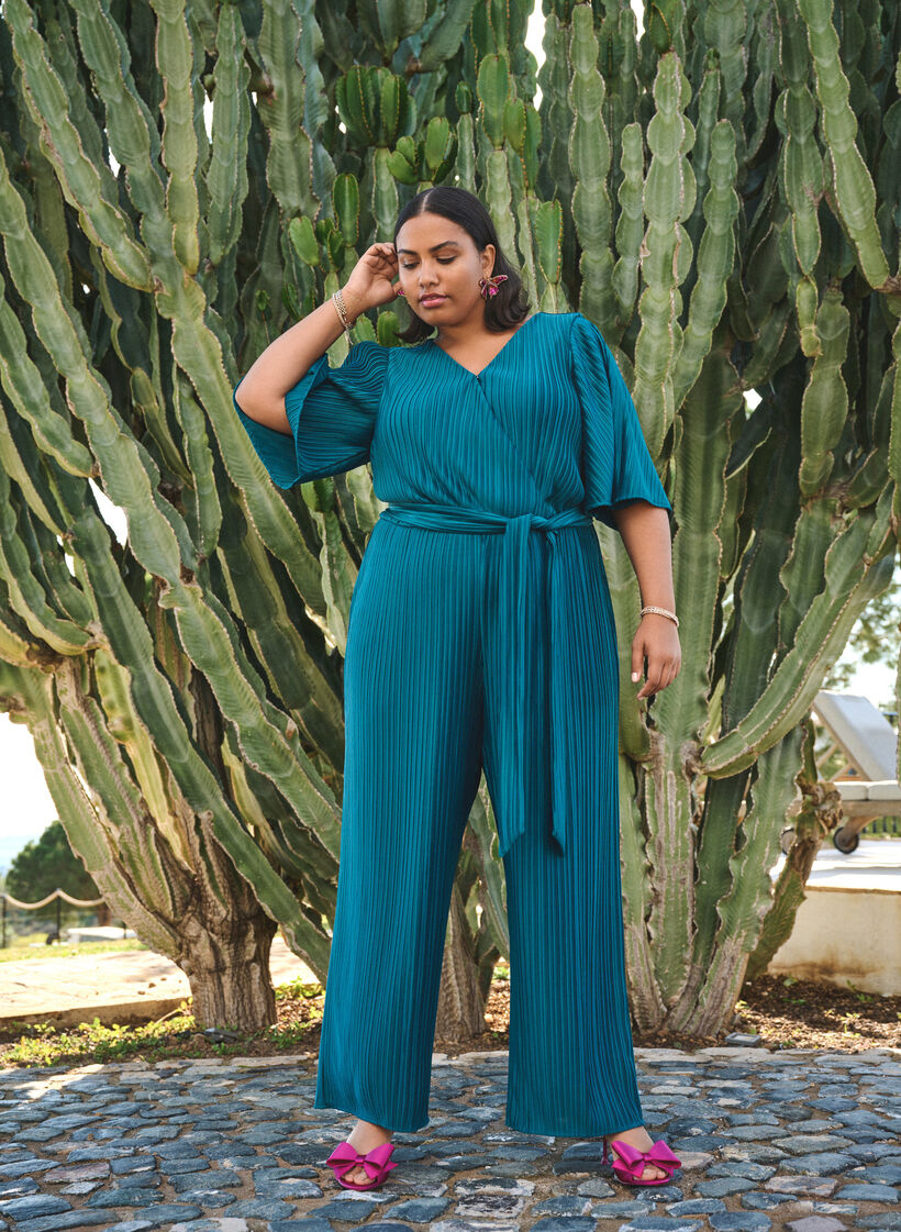 Pleated jumpsuit with tie and wide sleeves, Blue, Image image number 0