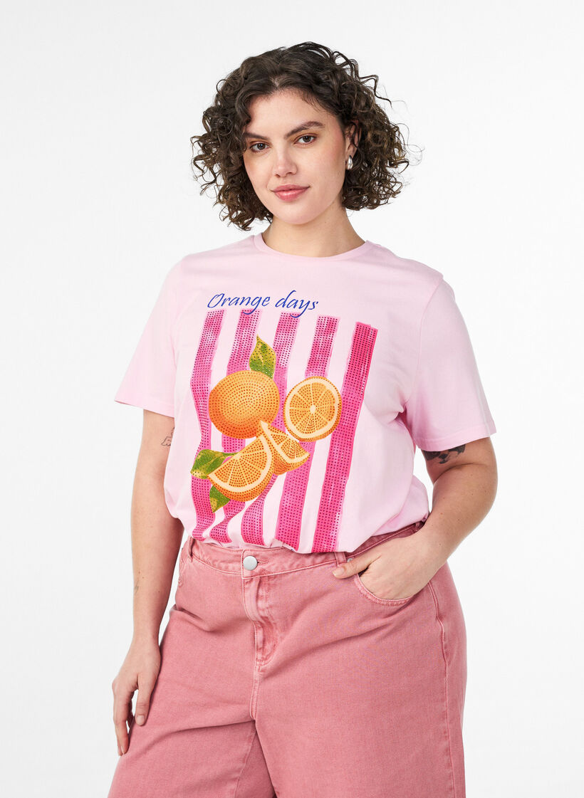Organic cotton T-shirt with front print, Pink, Model image number 0