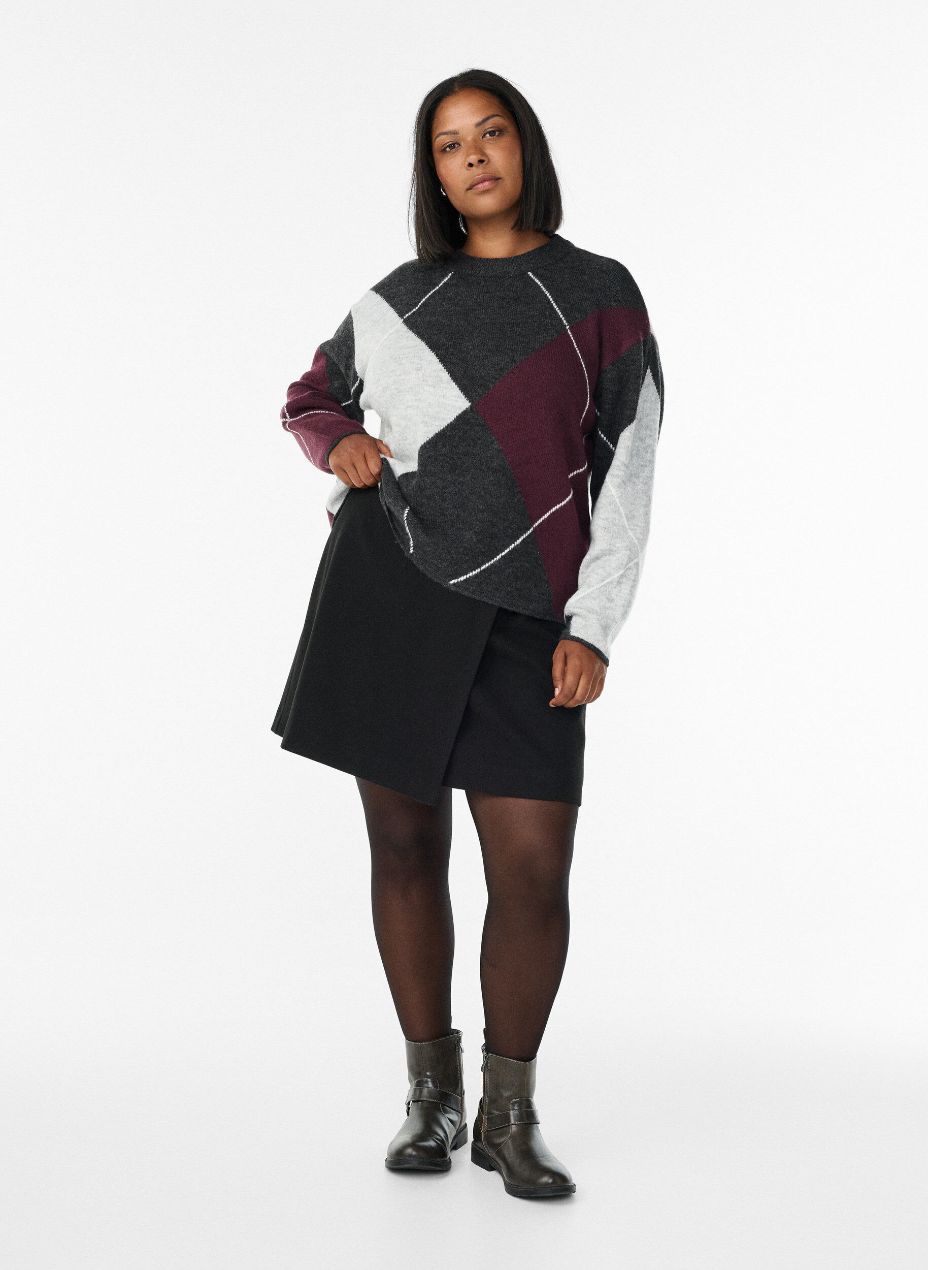 Zizzifashion Jumper with large checks and contrast sleeves, Dark Grey, Model image number 1
