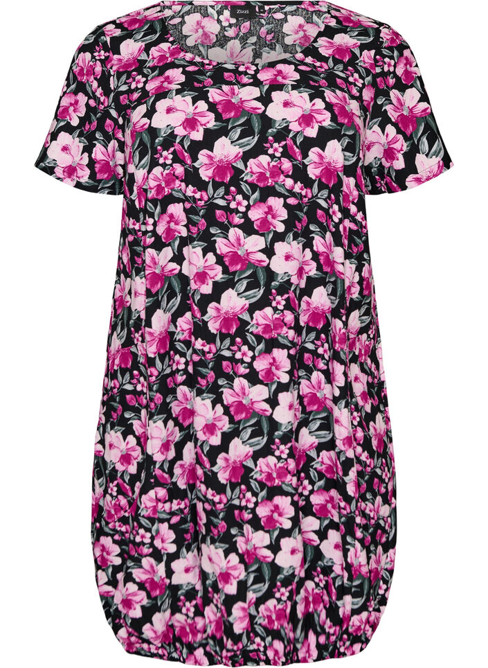 Short-sleeved cotton dress with print, Black, Packshot image number 0