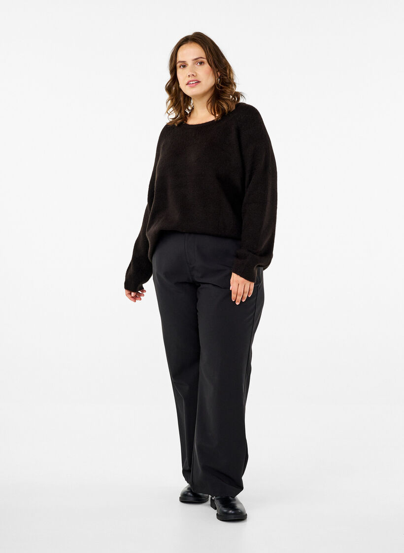 Loose-fitting knitted blouse with round neck, Black, Model image number 2