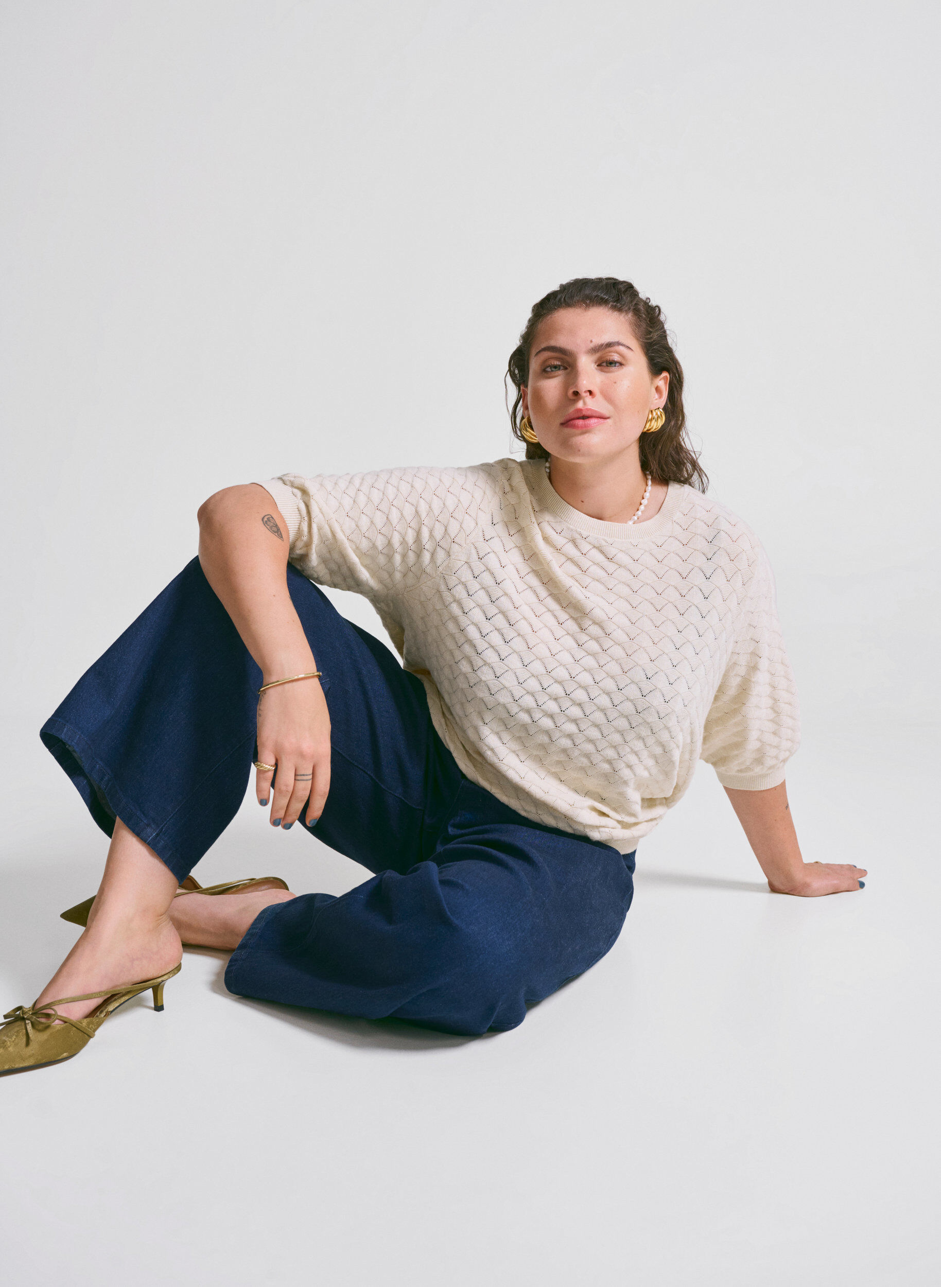 Zizzifashion Knitted blouse with openwork pattern and short sleeves, Birch Mel., Image image number 0