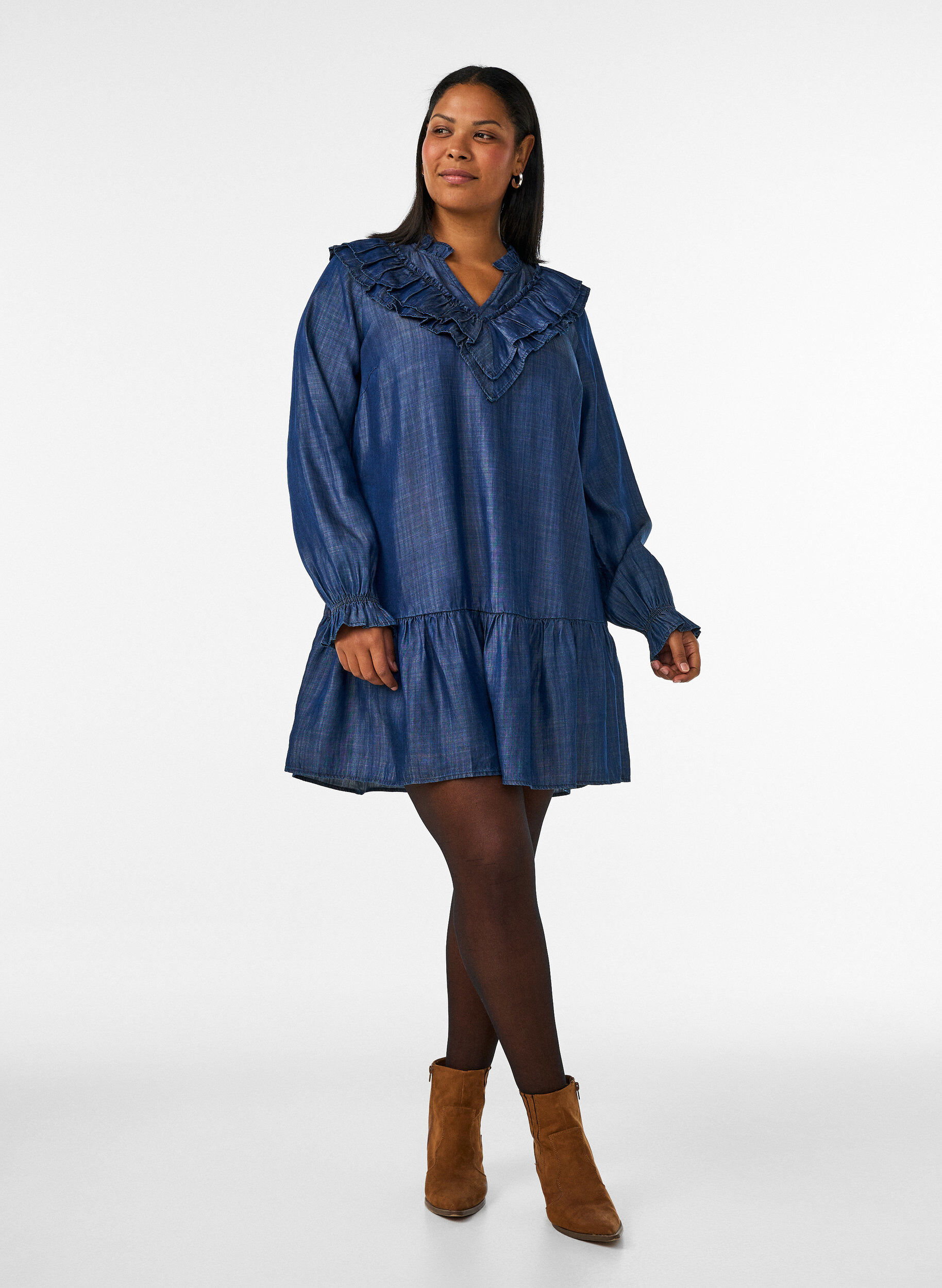 ZizzifashionShort denim-look dress with ruffles, Blue, Model image number 1
