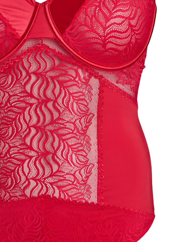 Bodysuit with lace and satin detail, Red, Packshot image number 2