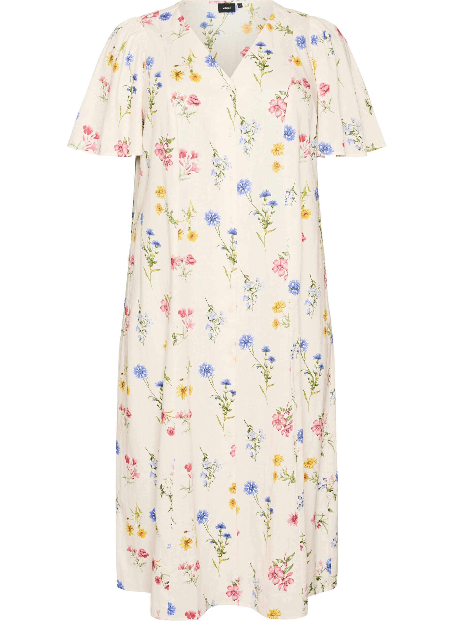 Midi dress in linen and viscose with ruffle sleeves