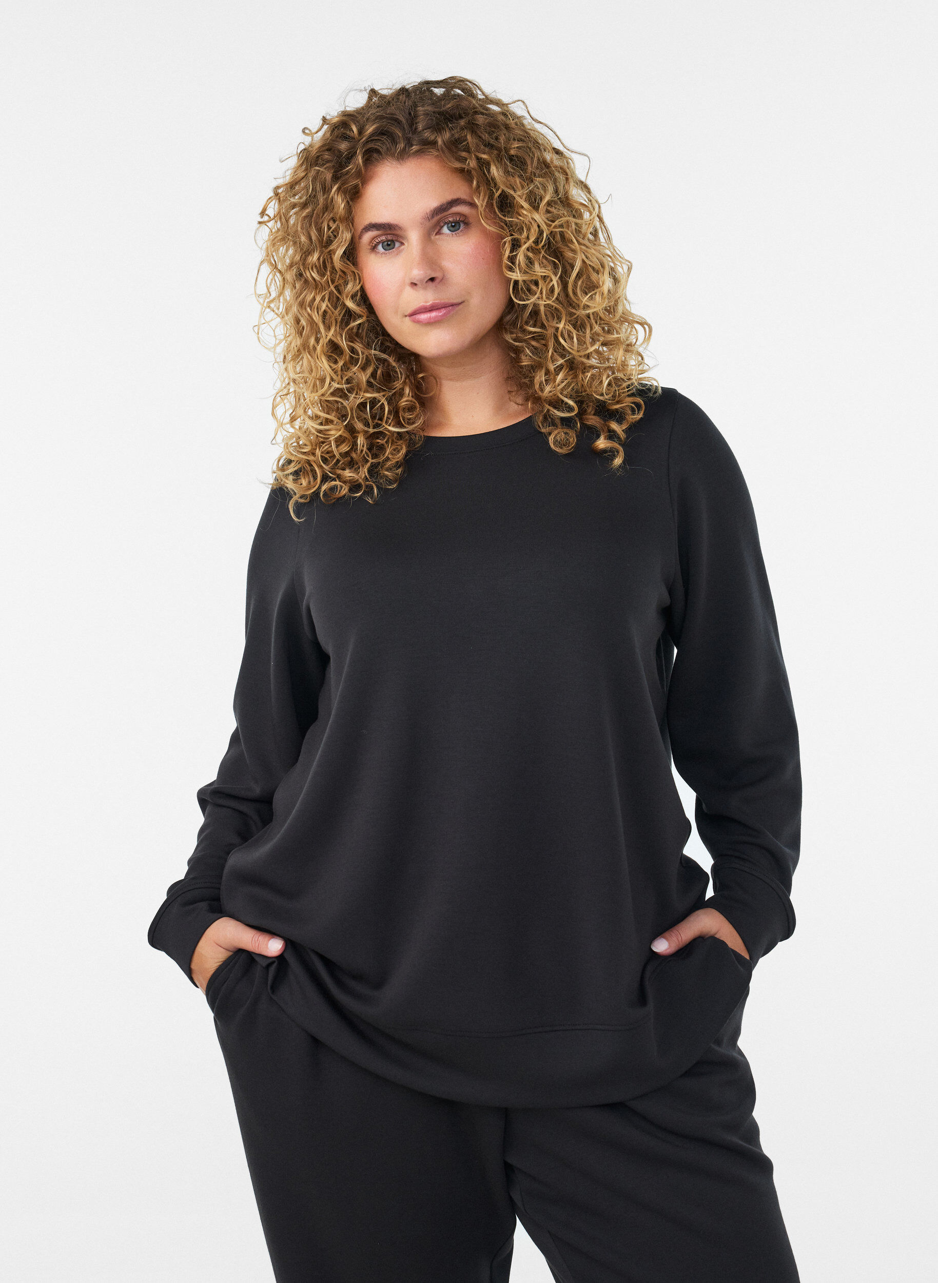 ZizzifashionLong-sleeved jersey blouse with a round neck, Black, Model image number 0