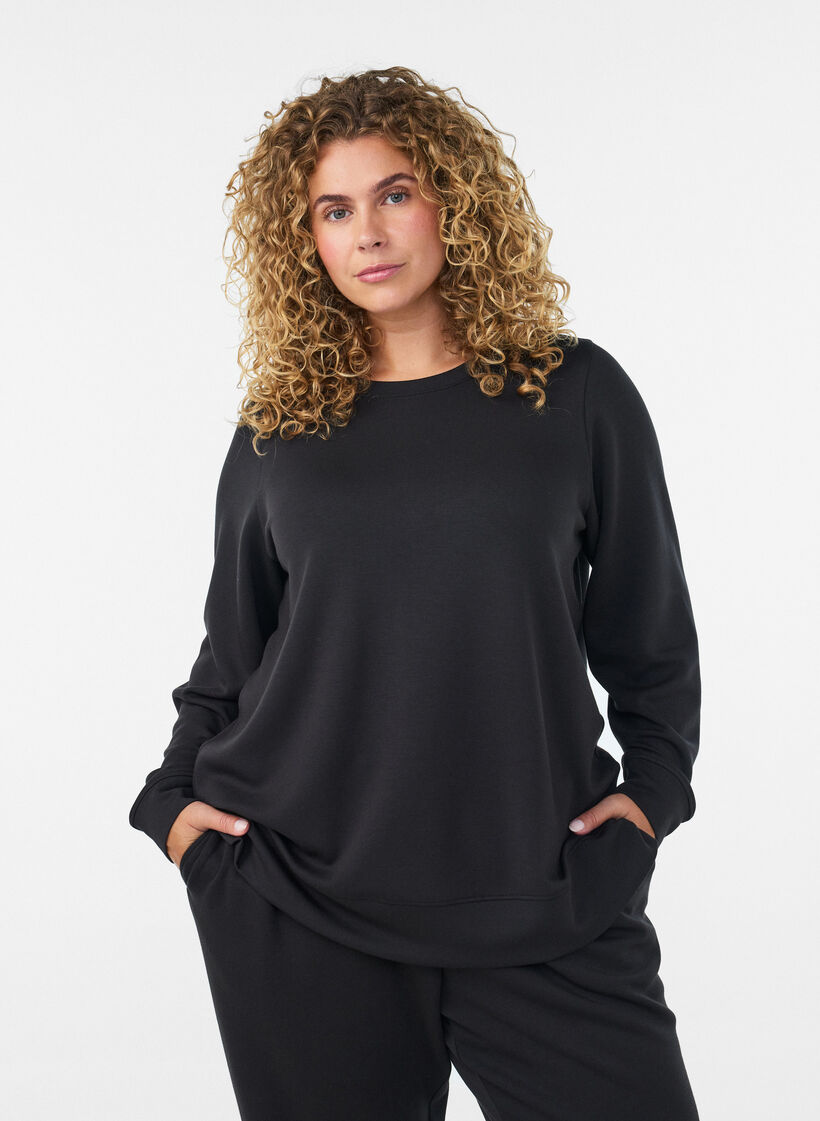 Long-sleeved jersey blouse with a round neck, Black, Model image number 0