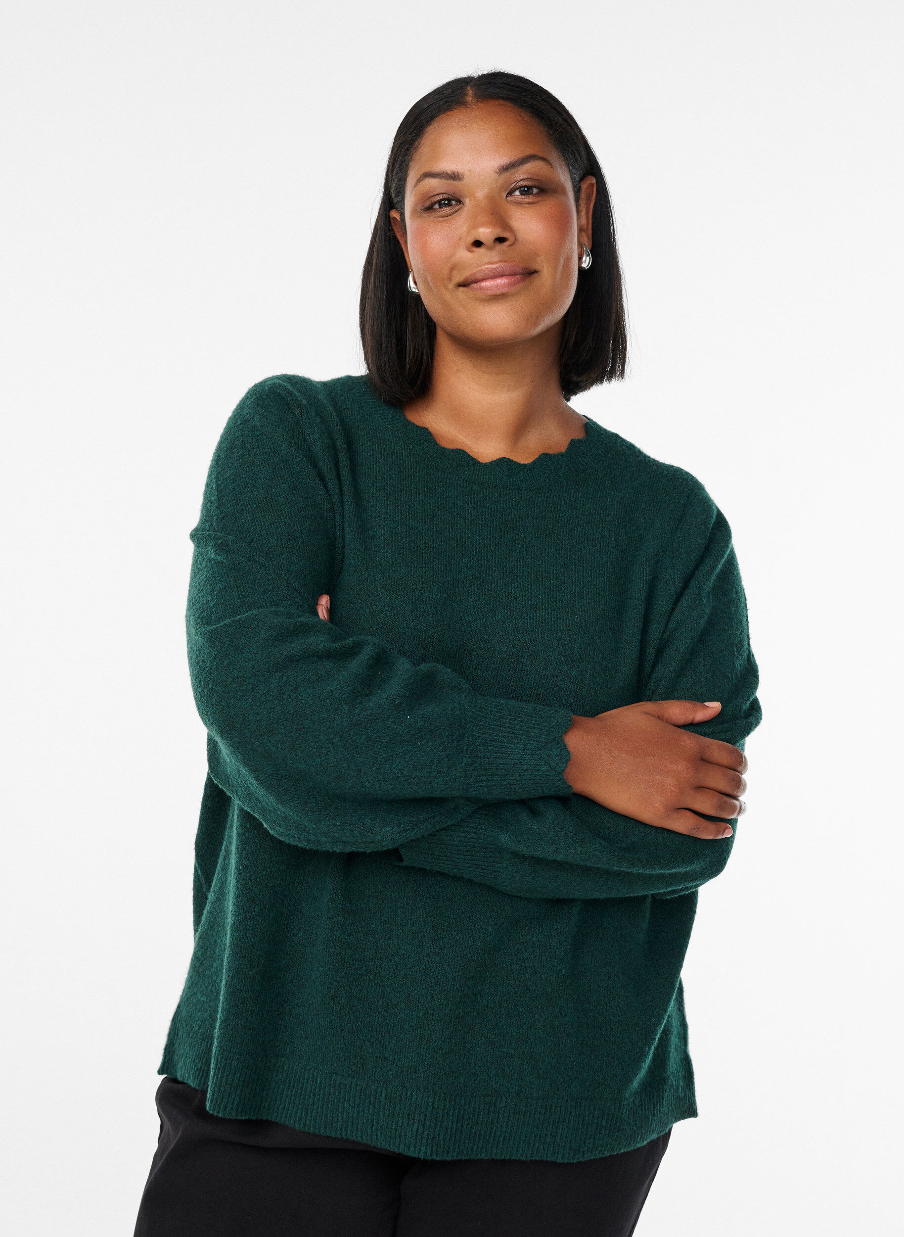 Zizzifashion Knitted blouse with wavy edges, Green, Model image number 0