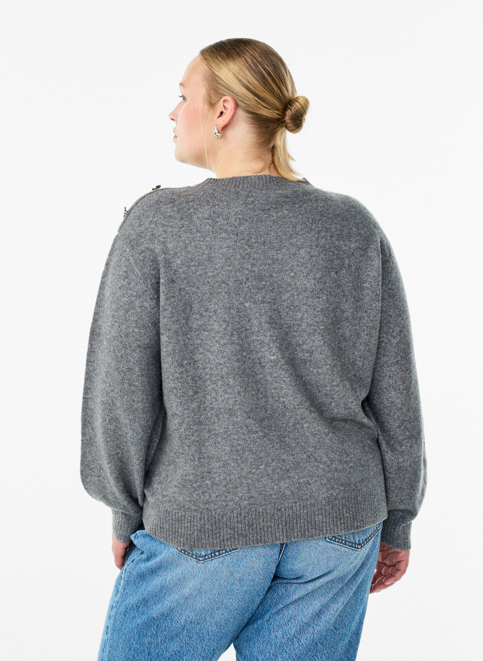 ZizzifashionKnit blouse with button detail, Grey, Model image number 2
