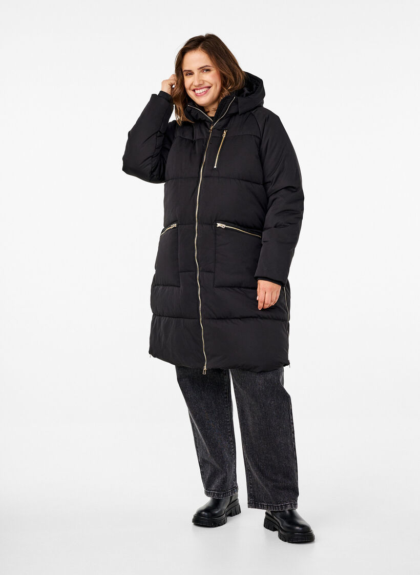 Puffer coat with hood, Black, Model image number 1
