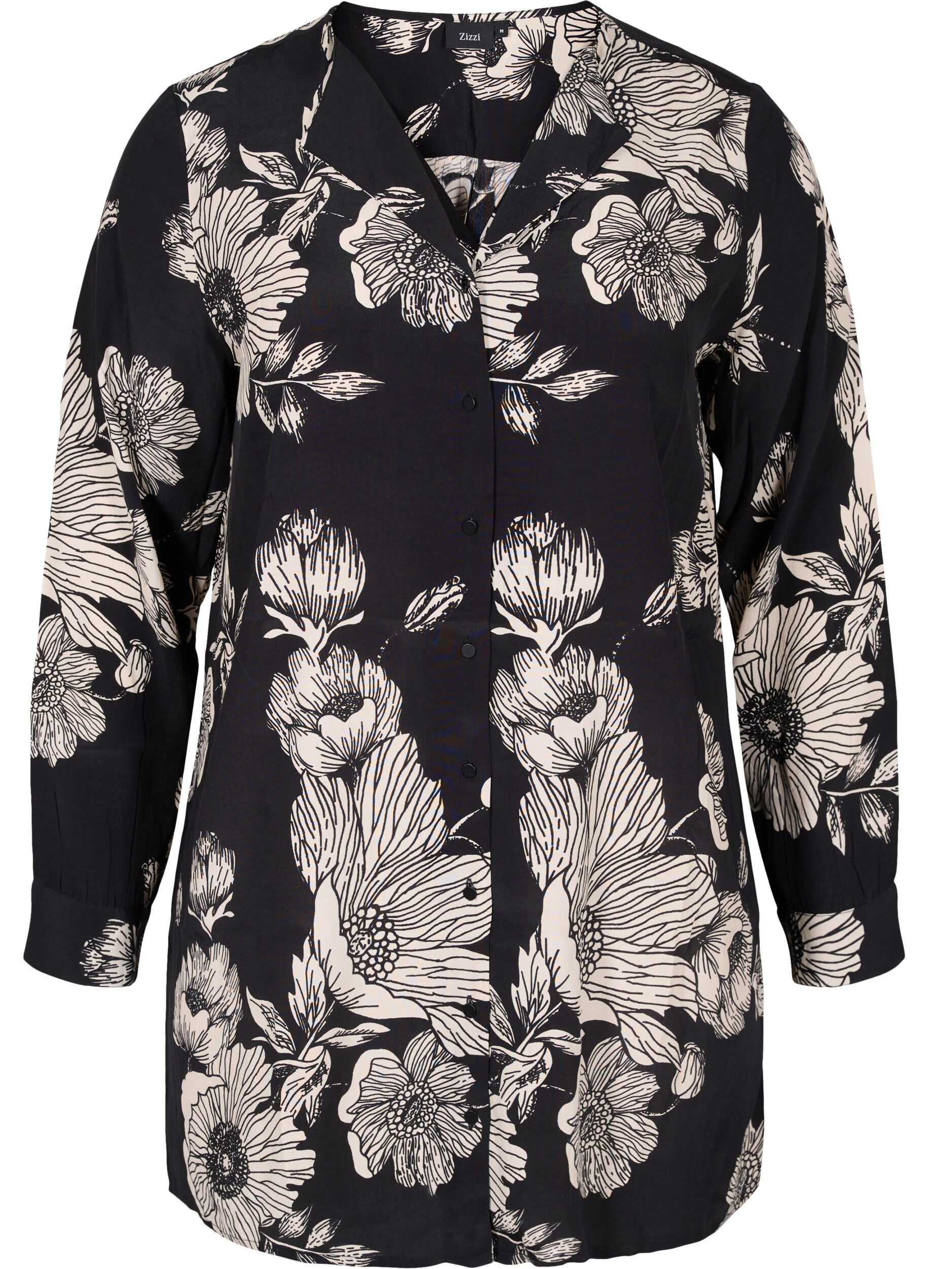 Zizzifashion Long floral viscose shirt, Black White AOP, Packshot image number 0