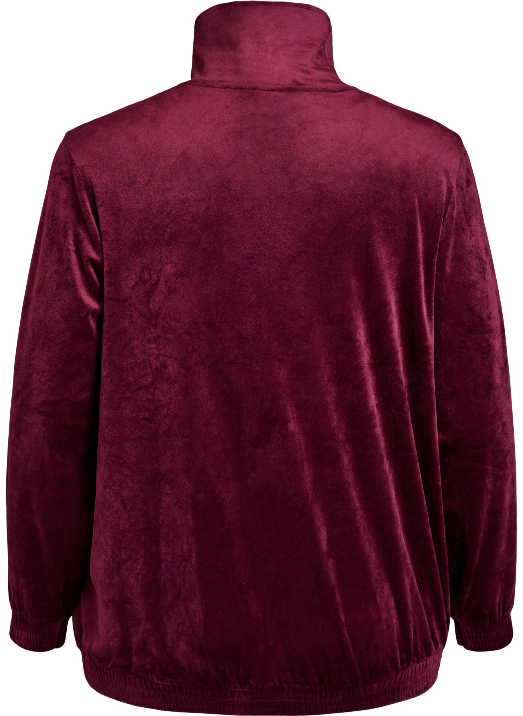Zizzifashion Velour cardigan with zipper and high collar, Dark Bordeaux, Packshot image number 1
