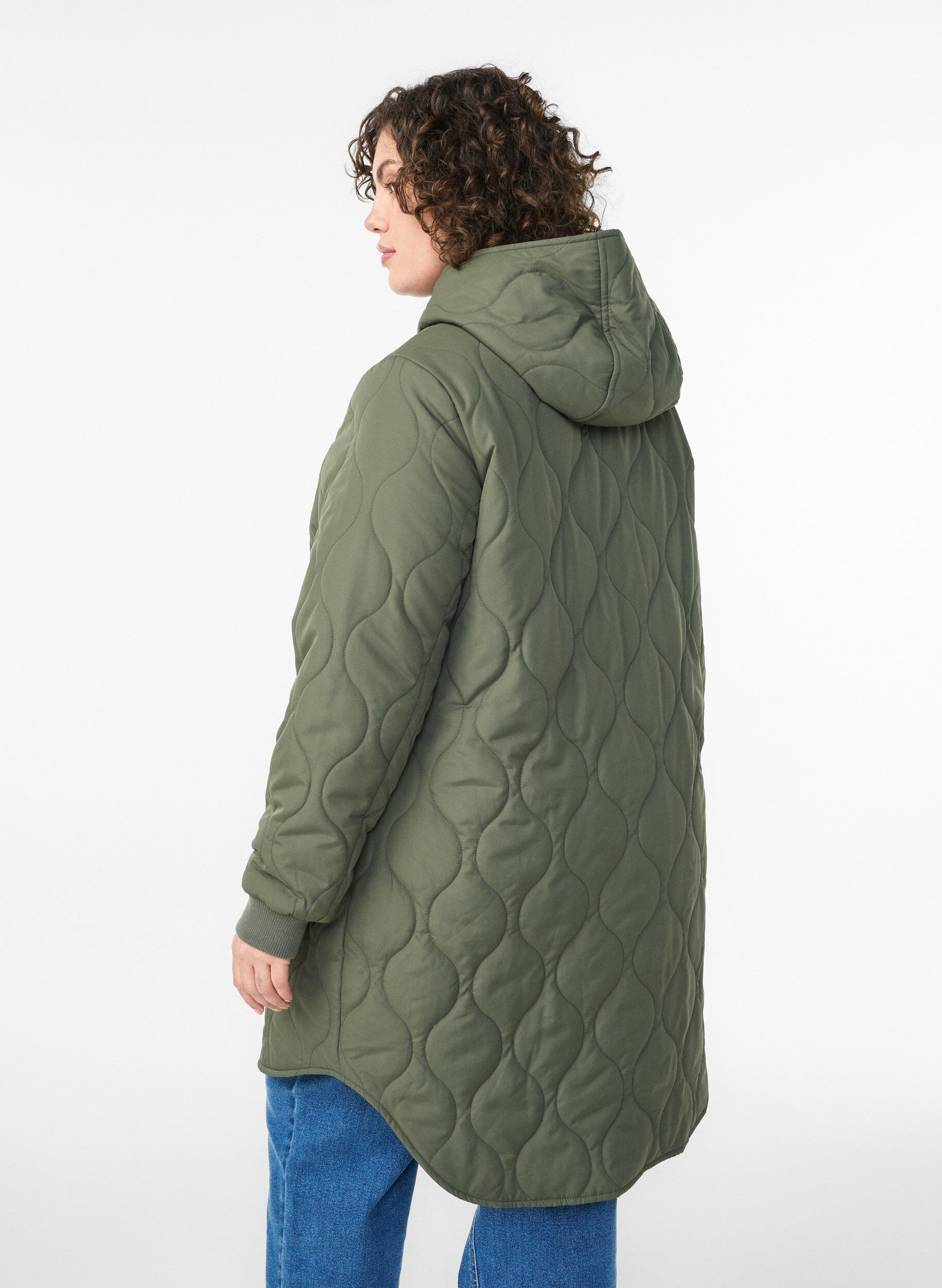 ZizzifashionMid-length quilted jacket with a hood, Green, Model image number 2