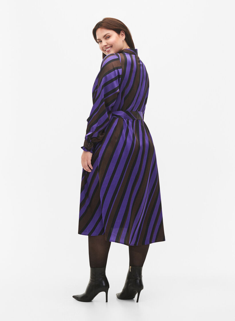 Satin shirt dress with diagonal stripes, Stripe AOP, Model image number 1