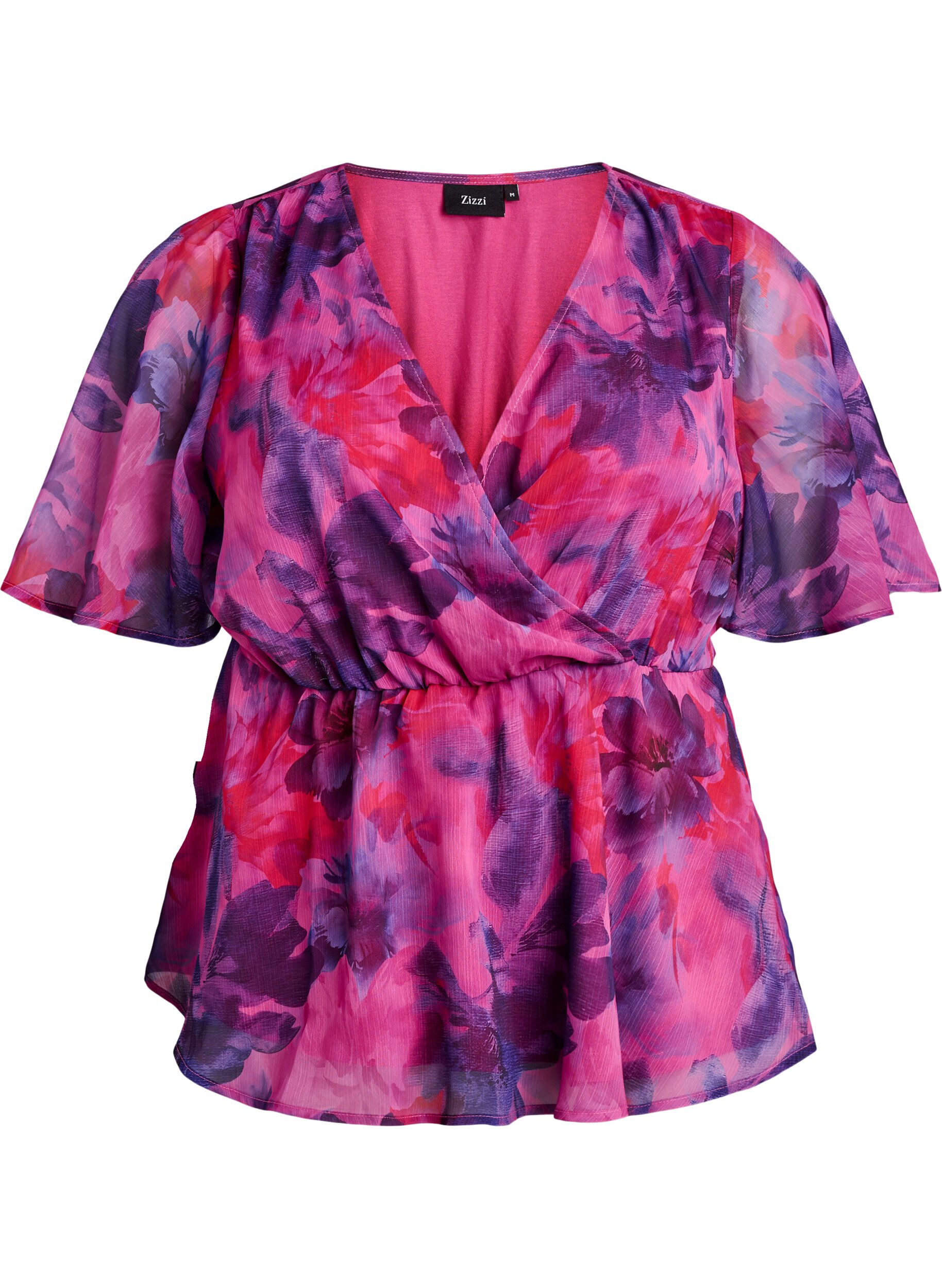ZizzifashionFloral chiffon blouse with short sleeves, Red, Packshot image number 0
