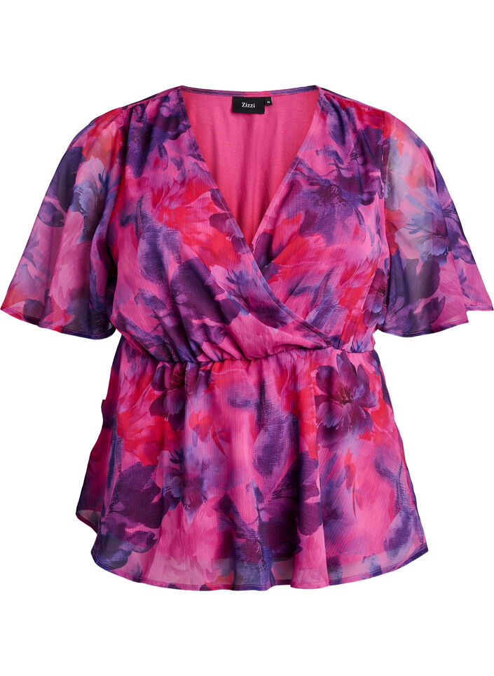 Floral chiffon blouse with short sleeves, Red, Packshot image number 0