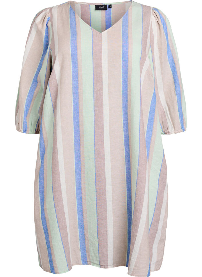 Short dress in linen and viscose with 3/4 sleeves, Blue, Packshot image number 0