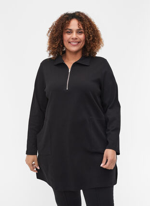 Cotton tunic with zip and pockets, Black, Model image number 0