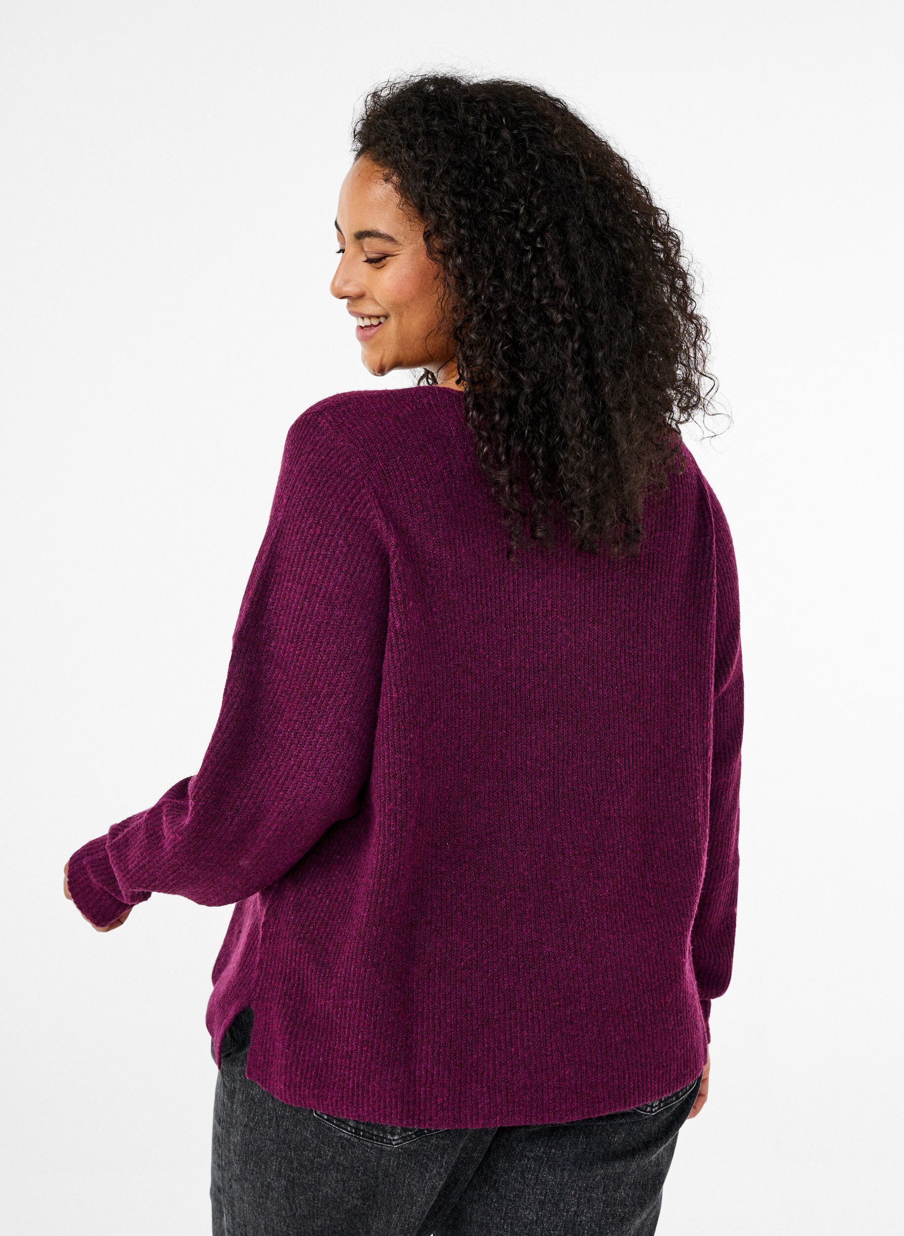 Zizzifashion Knitted blouse with v-neck and long sleeves, Potent P. Black Mel., Model image number 1