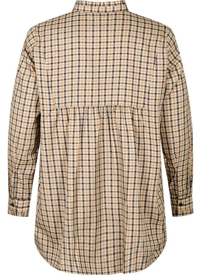Checked shirt blouse with ruffles, Brown Check, Packshot