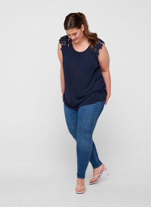 Plain-coloured top with lace sleeves, Navy Blazer, Model image number 2